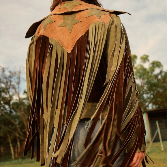 Vintage style leather fringe stars flag usa Americana jacket coat L free people - Picture 3 of 6